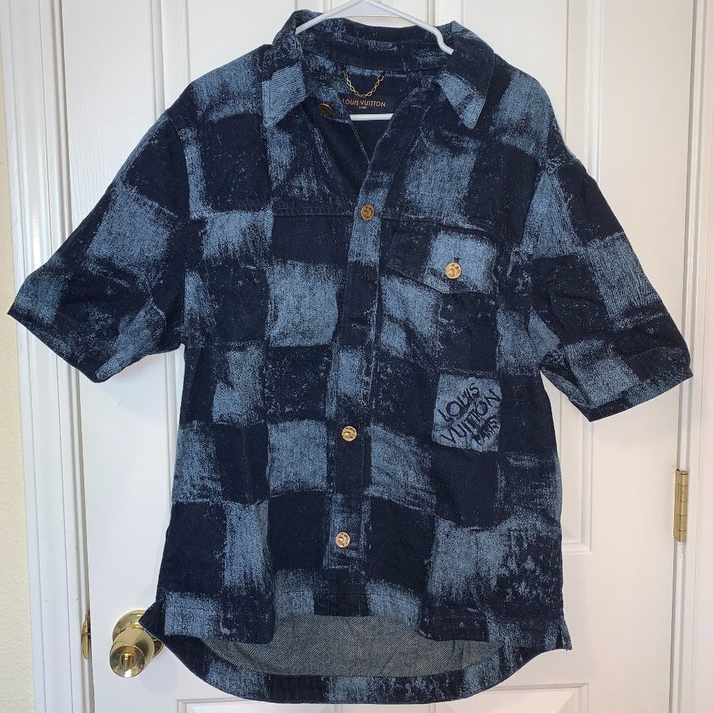 LOUIS VUITTON DAMIER Salt Print Heavy Denim Short Sleeve Shirt Sz M Retail $1950